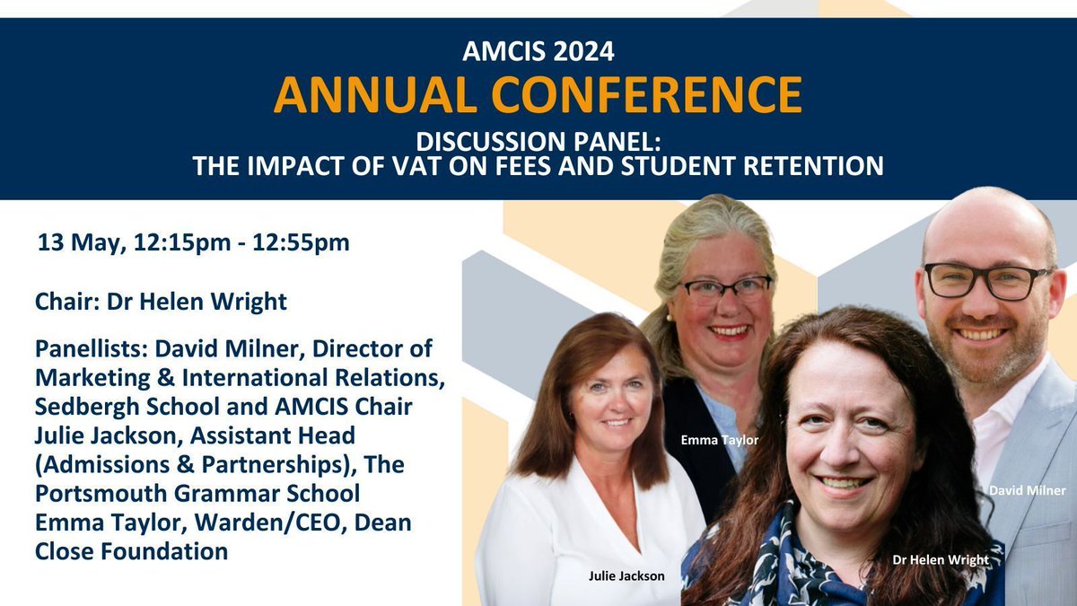 The first of three discussion panels at the #AMCIS2024 Annual Conference will consider the impact of VAT on fees &amp; student retention. Chaired by <a href="/drhelenwright/">Dr Helen Wright</a> with panellists <a href="/MarketingMilner/">David Milner</a> <a href="/SedberghSchool/">Sedbergh School</a>, Julie Jackson <a href="/PGS1732/">The Portsmouth Grammar School</a> &amp; Emma Taylor #DeanCloseFoundation.