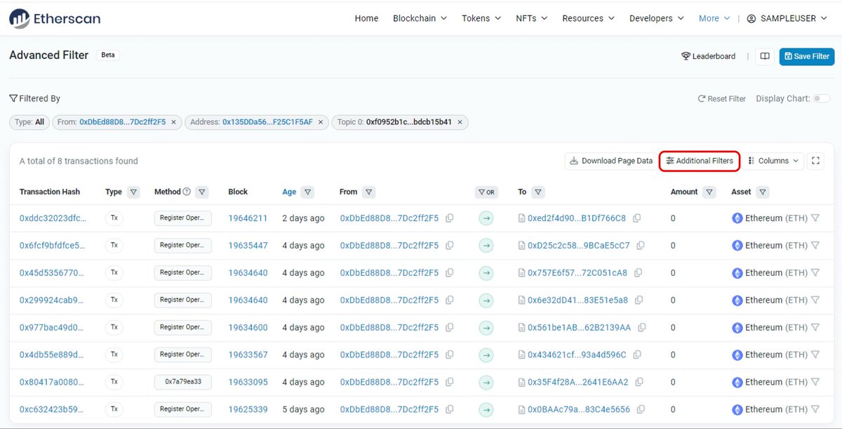 Pro Tip 💡 Check the list of Actively Validated Services on EigenLayer that an operator has registered for: 1. In the Advanced Filter, click on 'Additional Filters' 2. Filter by Event Log (link in the following tweet) 3. Filter by the operator address in the 'From' field