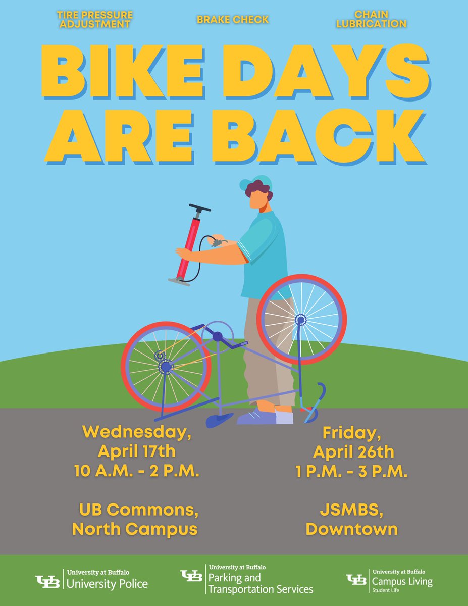 North Campus bicyclists, we're here! 🚴 Pedal over to the UB Commons today between 10 a.m. until 2 p.m. where we will be set up to assist with your bicycle needs! 🧑‍🔧🚲 🛞 Tire pressure adjustments ✅Brake checks ⛓️moving part lubrication 🛠️and more! #UBuffalo #UBMobility