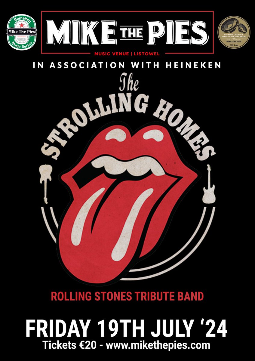 Delighted to announce that The Rolling Stones tribute band 'The Strolling Homes' make their Mike the Pies debut on Friday 19th July. Tickets are €20 and are on sale now. mikethepies.com/gigs/the-strol…