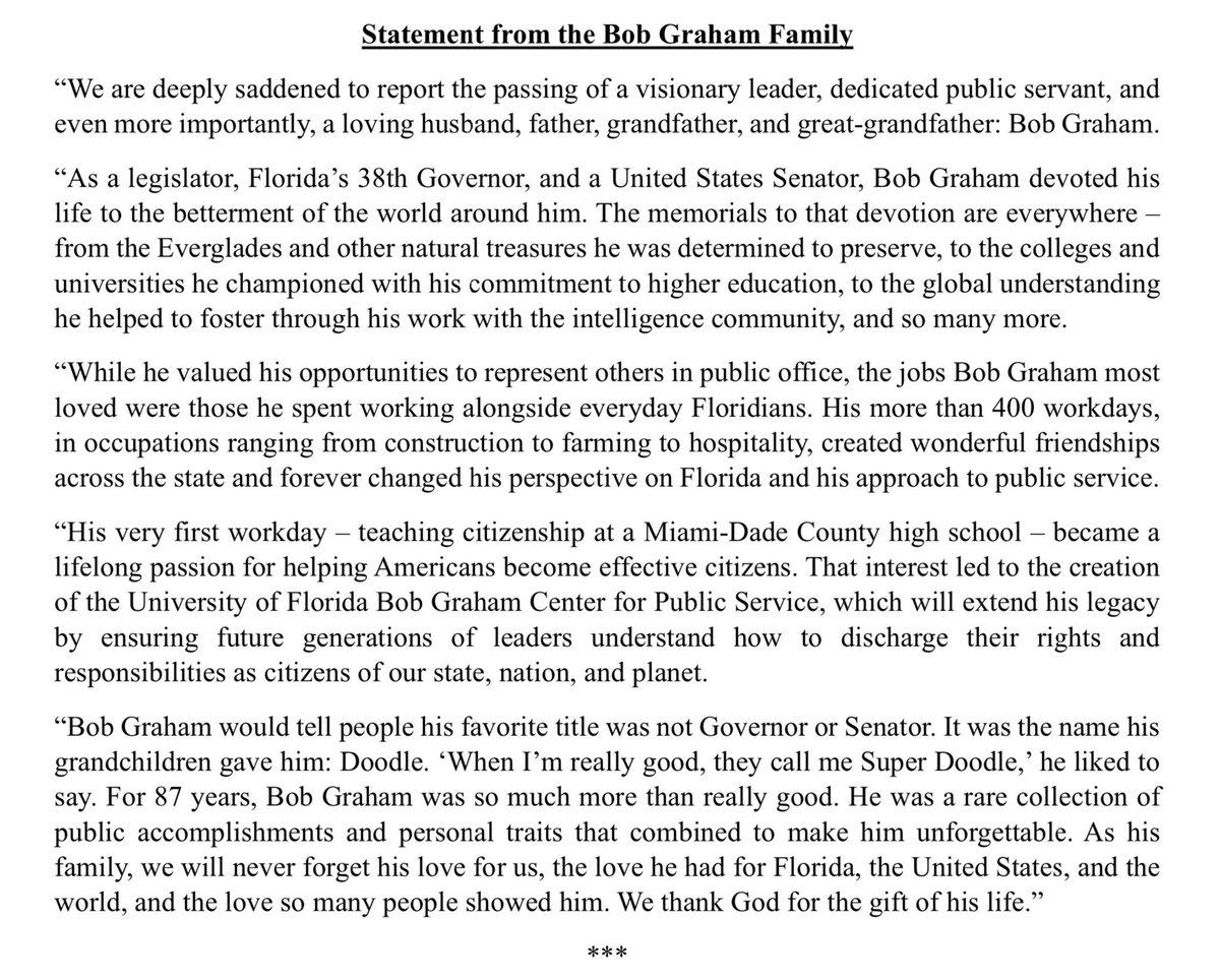 Bob Graham, a former US senator and two-term Democratic governor who was one of Florida’s most popular politicians, has died. He was 87. More: amp.cnn.com/cnn/2024/04/16…