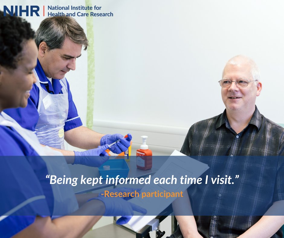 When taking part in #research at Patient Recruitment Centre (PRC): Leicester our expert staff provide excellent care. A recent participant said “Being kept informed each time I visit” was a positive aspect of the research. Find out how to take part: local.nihr.ac.uk/prc/leicester/…