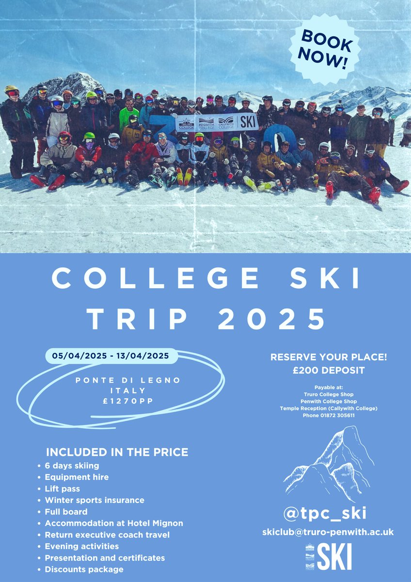 We are delighted to announce our next College Ski Trip to... The ‘College Ski Trip 2025’ is open to all first year and second year students from across @Truro_Penwith and @Callywith campuses. Including new students who will be joining us in September 2024 🏔️