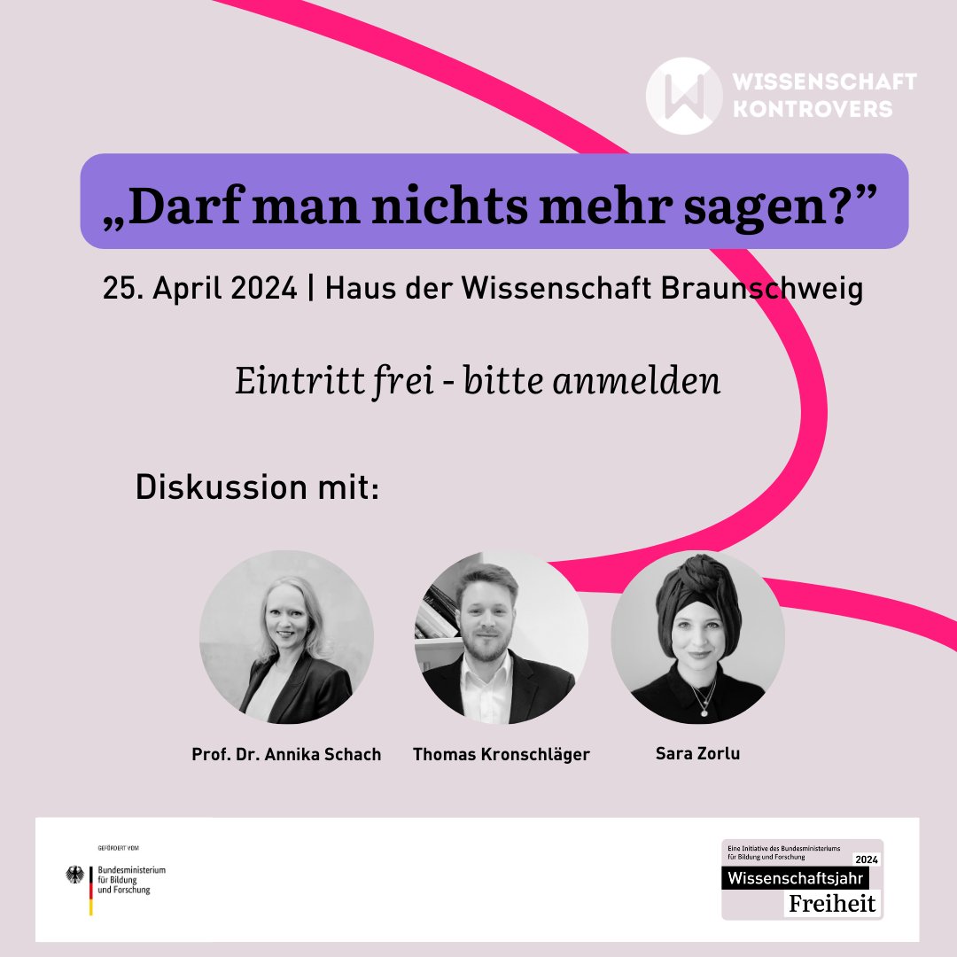 Bedroht eine sogenannte #CancelCulture die Meinungsfreiheit? Und wenn ja, wer ist davon betroffen? Darüber diskutieren wir mit #WissenschaftKontrovers am Donnerstag, 25.4., im @hdw_bs in Braunschweig. Eintritt frei, Infos & Anmeldung: eveeno.com/meinungsfreihe… @w_jahr @bmbf_bund