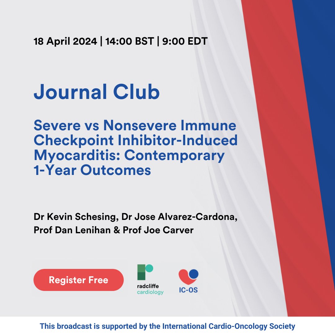 Dr Kevin Schesing, Dr Jose Alvarez-Cardona, Prof Dan Lenihan & Prof Joe Carver discuss the the article “Severe vs Nonsevere Immune Checkpoint Inhibitor-Induced Myocarditis: Contemporary 1-Year Outcomes” ➡️ ow.ly/aulJ50RhWho #CardioOnc #Cardiology #CardioTwitter @ICOSociety