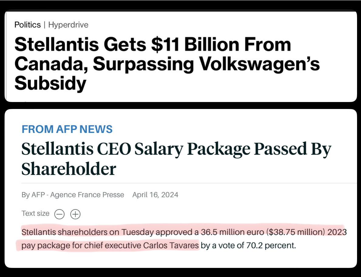 Take a bow Canadian taxpayers, the Trudeau Govt and Jagmeet Singh made it all possible. Will someone in CDN Media will ask a question? $39 Million USD pay package for Stellantis CEO