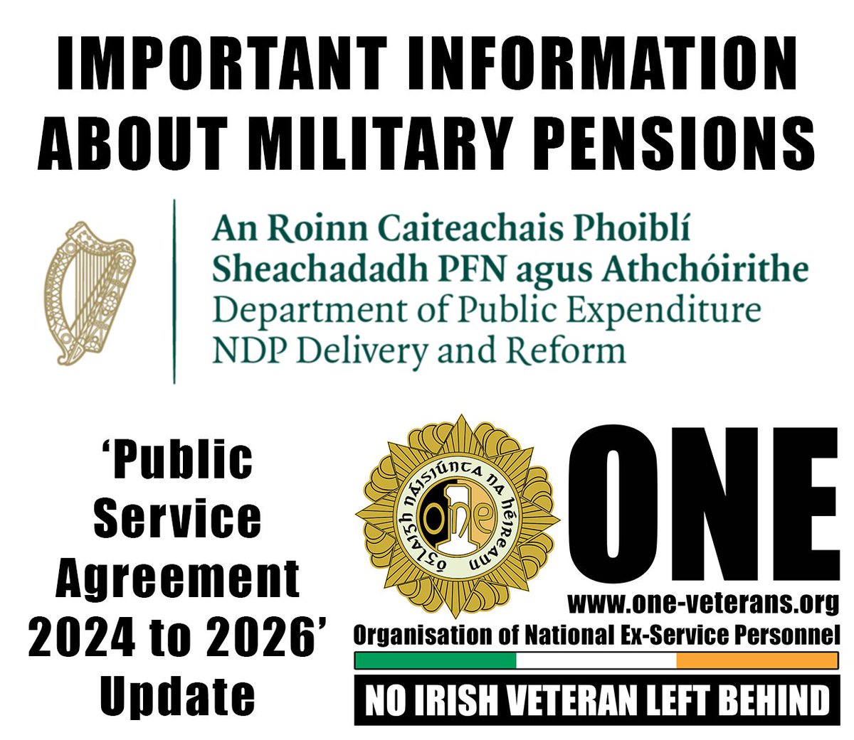 IMPORTANT INFORMATION FOR THOSE IN RECEIPT OF A DEFENCE FORCES PENSION Update for Public Service Agreement 2024 to 2026 - one-veterans.org/defence-forces… #DefenceForces #Veterans #Charity #SCAR #Support #Comradeship #Advocacy #Remembrance #NoIrishVeteranLeftBehind #Pension #Veteran