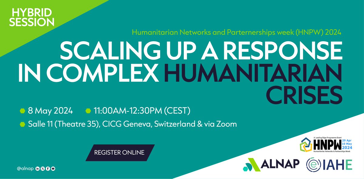 📢 Join ALNAP and the Inter-Agency Humanitarian Evaluation Steering Group at @LEP_HNPW 2024! Session: What can we learn from scaling up responses in complex humanitarian crisis? 🗓️8 May 🕚11:00AM - 12:30PM CEST 📍Geneva and online (Hybrid) 🔗vosocc.unocha.org/Report.aspx?pa…