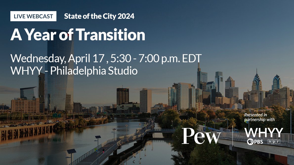 📆 Happening today! Join @pewtrusts and @WHYY for a live webcast that digs into the state of Philadelphia in 2024. More on the report → bit.ly/3Q6IV7r Watch live starting at 5:30 p.m. → bit.ly/4aYVNEv