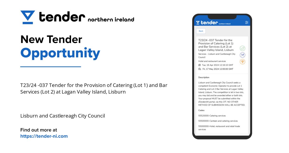tendernicom's tweet photo. Tender opportunity: T23/24 -037 for Catering and Bar Services at Lagan Valley Island, Lisburn. Are you a supplier in Northern Ireland? Check out this opportunity! #tenderni #Catering #BarServices https://t.co/v3iVCbk5xb https://t.co/ztMQvxvIAG