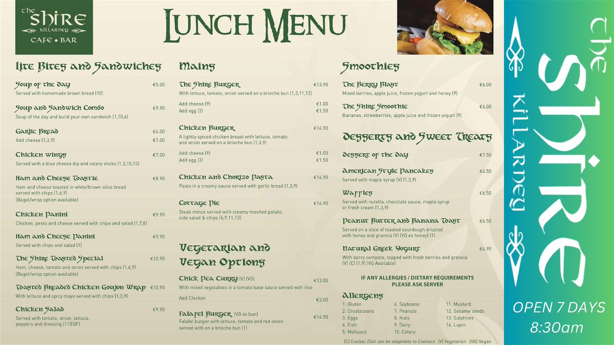 Lunchtime cravings calling? Answer with our exciting lunch menu, served from 12 PM daily. Everyone deserves a midday indulgence. 🍽️ #LunchAtTheShire #DineKillarney #TheShireBar