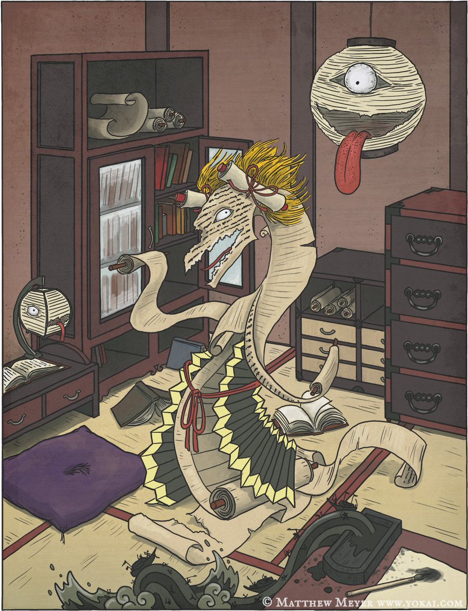 In #JapaneseFolklore, kyorinrin is a #yokai that occurs when ancient books, scrolls and scriptures are left neglected and unstudied by their owners for many years. As with other tsukumogami, once reaching advanced age the objects obtain their own spirit and... #WyrdWednesday 1/2