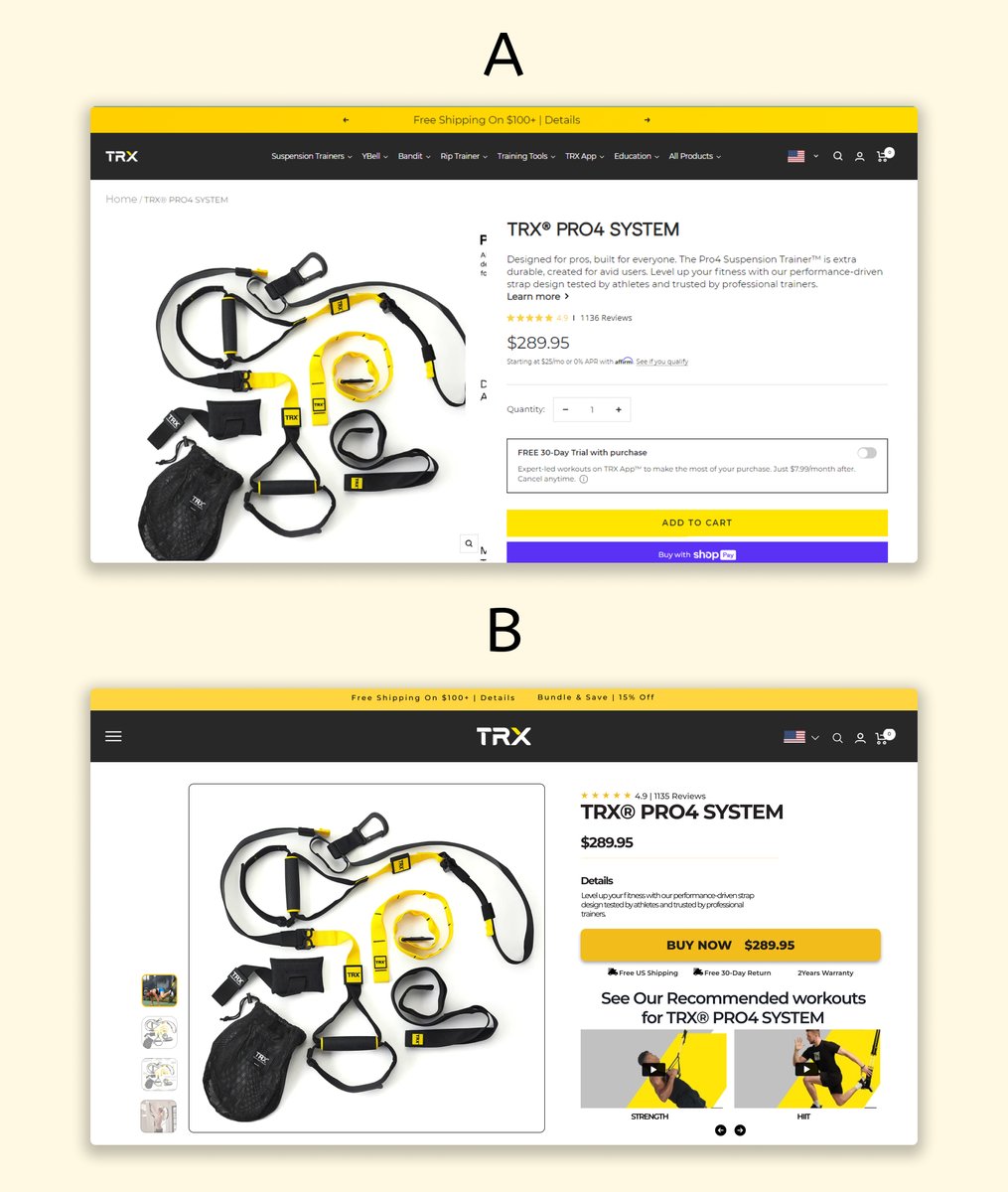 Redesign for TRX

Which gets more sales - A or B?