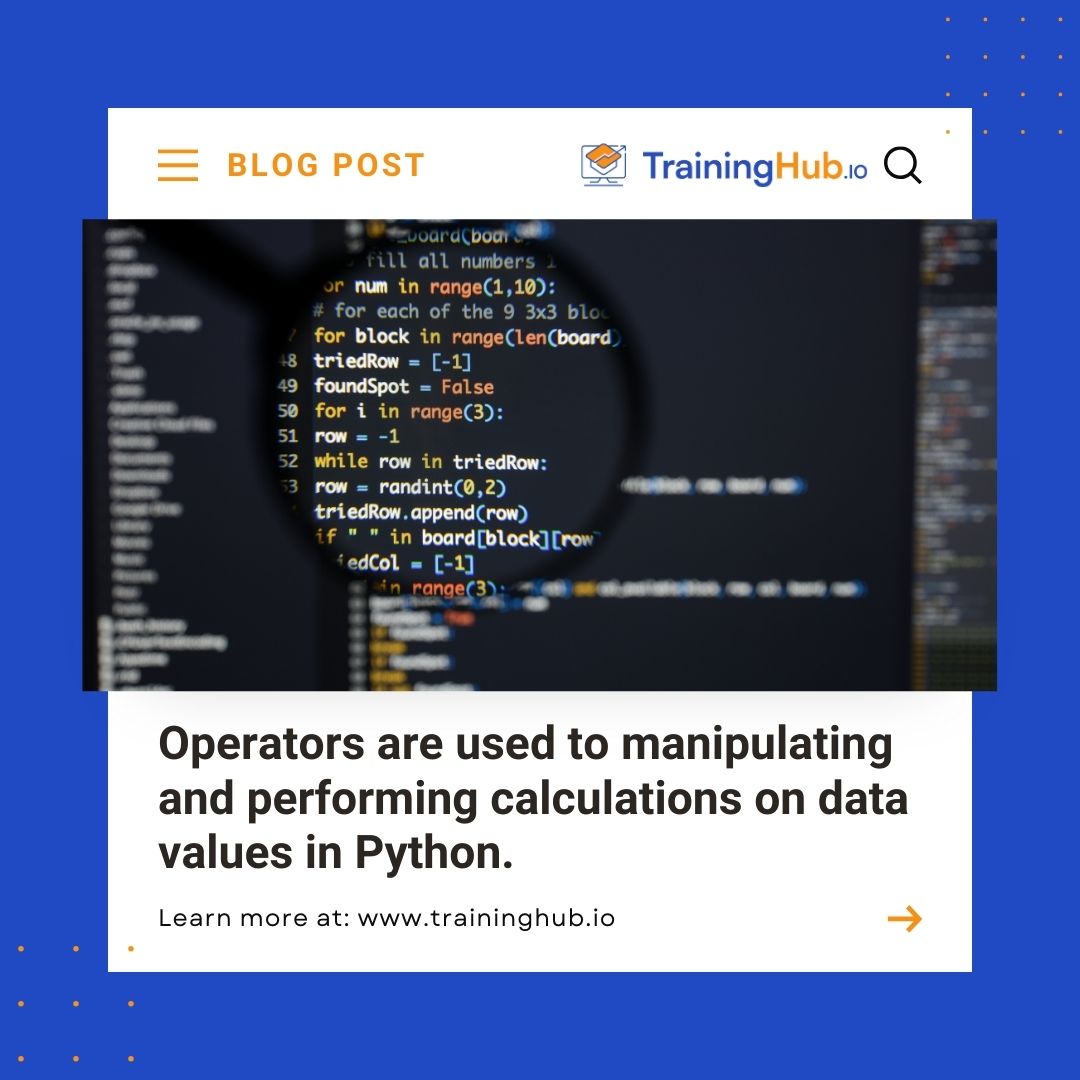TrainingHubCAN's tweet image. 👉 Know more about our Python program here: zurl.co/Wa0M
👉 Visit our "Operators in Python" Blog here: zurl.co/bbzZ
#PythonOperators #PythonCoding #CodingTricks #DataScience #blogpost #itlearning #itcourses #blogposts #ittrainingincanada #traininghub