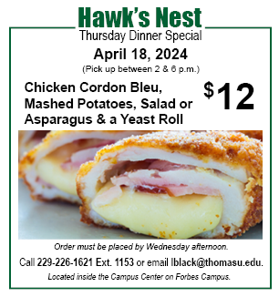 Make dinner easy with Hawk's Nest! Order up this tasty dish for you and your family for your busy Thursday night! Open to the public. Entree and side for $12. Call or email orders by this afternoon. #TUHawksNest #DinneratHawksNest