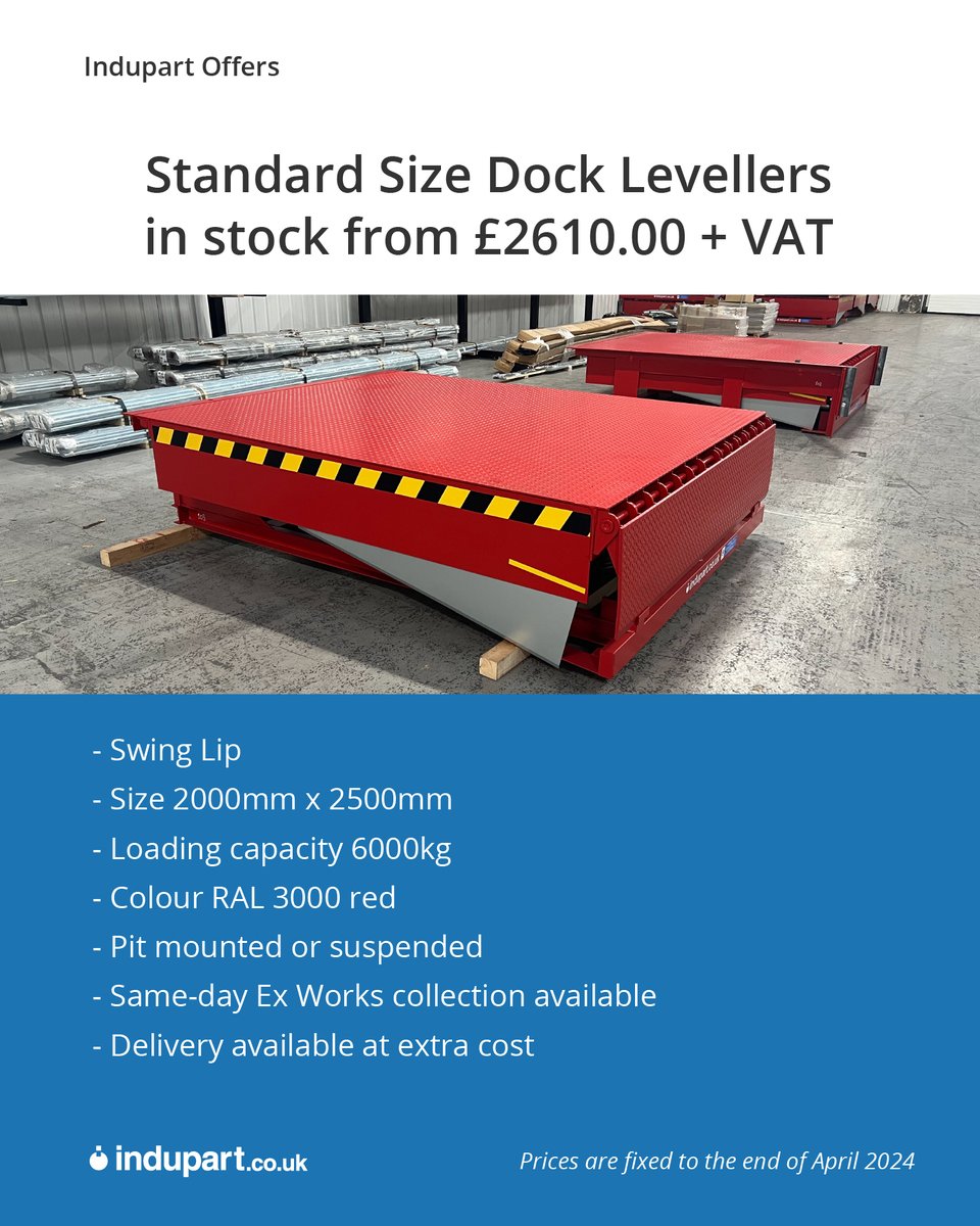 Standard Size Dock Levellers, in stock from £2610.00 + VAT.

• Swing Lip
• Size 2000mm x 2500mm
• Loading capacity 6000kg
• Colour: RAL 3000 red 
• Pit mounted or suspended
• Same-day Ex Works collection available 
• Delivery available at extra cost