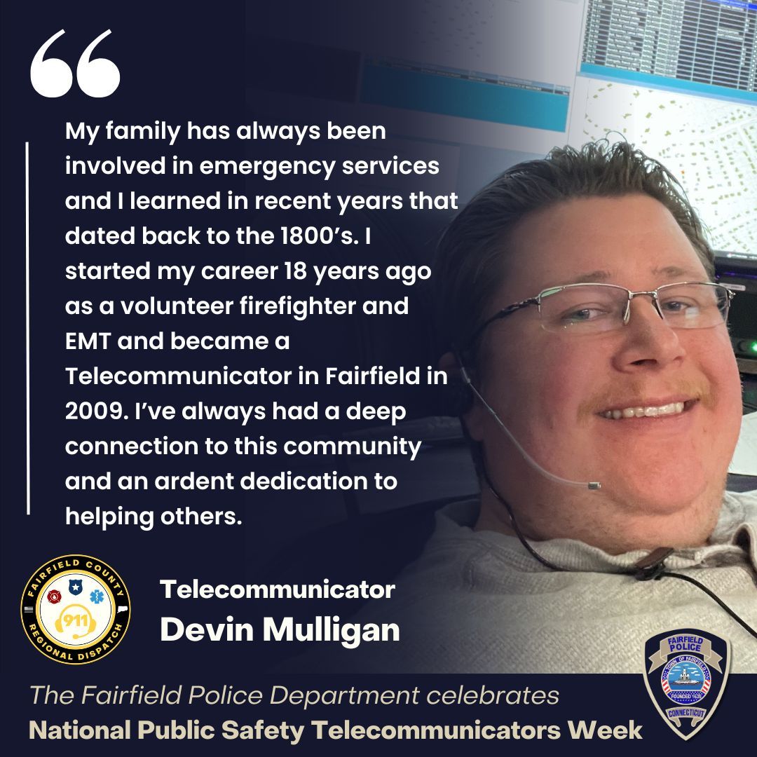 Today, as part of National Public Safety Telecommunicators Week, we're honored to shine a spotlight on Telecommunicator Devin Mulligan ! Join us in celebrating the dedication of our telecommunicator and their commitment to keeping our community safe! 💙 #NPSTW2024