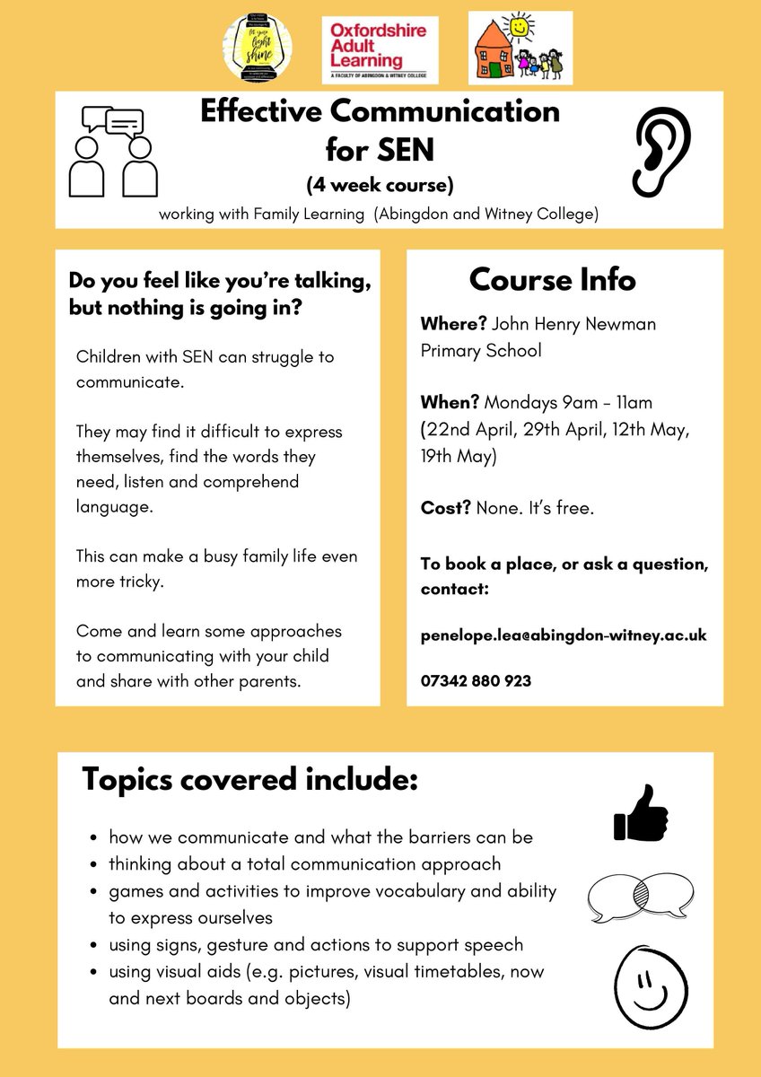 Such a great opportunity for parents and carers - a new free 4 week 'Effective Communication for SEN' course starting on 22nd April. More details below. @AbWitCollege #SEN #HereForFamilies #FreeCourse