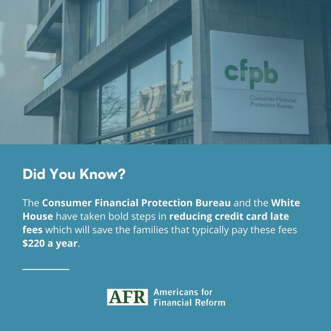 RealBankReform's tweet photo. #DidYouKnow @CFPB and @POTUS have taken bold steps in reducing credit card late fees which will save the families that typically pay these fees $220 a year.  

Read more: https://t.co/hdo0uwad3P https://t.co/ycwcyBnriG