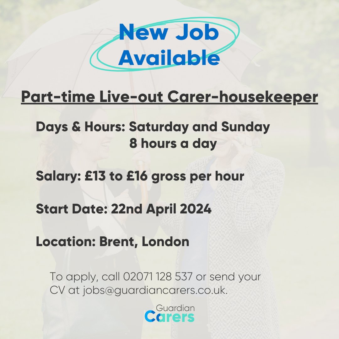 Brilliant Weekend Position! Looking for a part-time position this spring with great hours and benefits. Apply now: bit.ly/3Ulflxw

#newjob #hiring #parttimejob #springjob #carerjob #guardiancarers