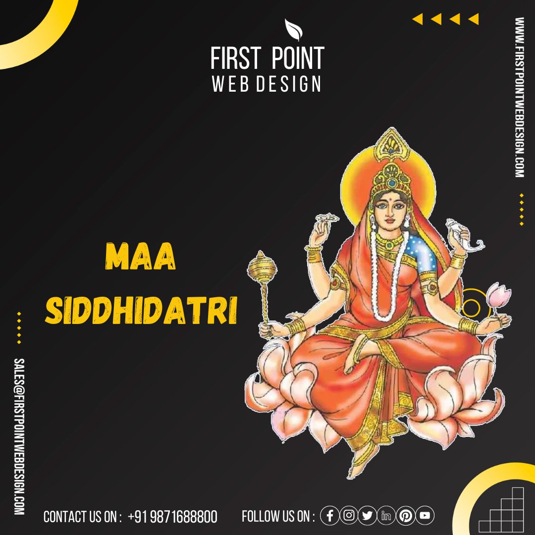 Siddhidhatri is the ninth and final among the Navadurga (nine forms) aspects of the Hindu mother goddess Mahadevi. . . FOLLOW US @firstpointwebdesign ☎+91 9871688800 🌐firstpointwebdesign.com 📧 sales@firstpointwebdesign.com . . . #navratri #navratrispecial #Navratri2024 #garba
