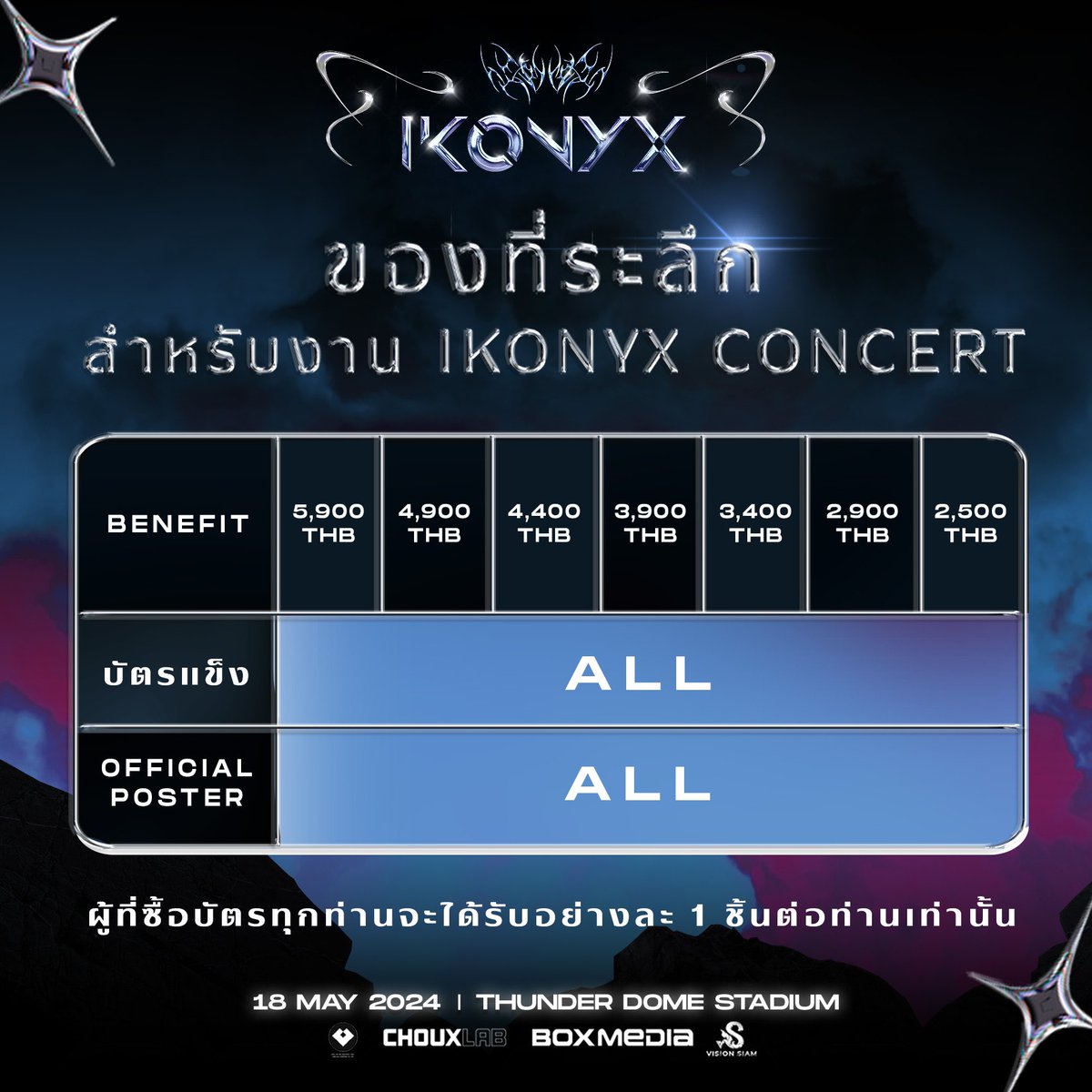 ikonyx_live's tweet photo. ประกาศของที่ระลึก สำหรับงาน IKONYX CONCERT 📢🎁

สำหรับผู้ที่ซื้อบัตรทุกท่าน จะได้รับบัตรแข็ง และ Official Poster อย่างละ 1 ชิ้นต่อ 1 ท่านเท่านั้น ✨

รายละเอียดวิธีการรับ ติดตามได้เร็วๆ นี้ 🔜 

Announcement for IKONYX CONCERT 📢🎁
For every ticket purchased, each individual will receive one hard ticket and one Official Poster ✨
 
Details on how to redeem your items will be available soon 🔜 

📍Official ticket sales start: April 20th, from 10:00 AM onwards
📍Ticket sales channel: Available on https://t.co/ydloxeOi4N 
📍Ticket prices: 5,900 (Standing VIP Zone L, R and VIP C / Seating Zone BL1 and BR1) / 4,900 (Standing Zone A / Seating Zone BL2, BR2, CL1 and CR1) / 4,400 / 3,900 / 3,400 / 2,900 and 2,500 THB​​​​

For more details, follow:
FB: https://t.co/RAfrjt4Ymi
IG: https://t.co/4OokHj8VnA
X: https://t.co/o4Xyb0206V 

#IkonyxConcert #IkonyxBKK2024 #Ikonyx2024  
#น้าบอกแล้วว่าทำถึง