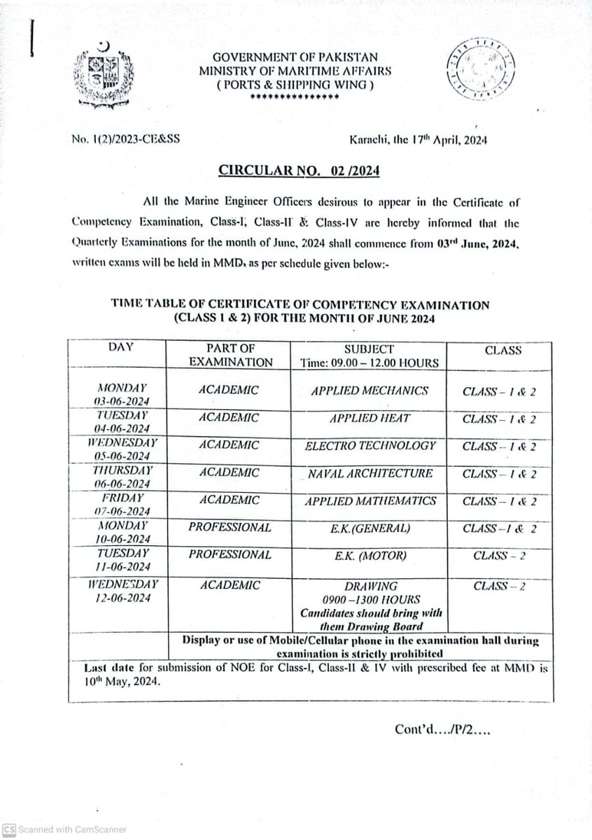 ceesurveyor's tweet photo. Class 1, 2 &amp; IV Engineers exams shall commence from 3rd June as per attached schedule InshaaAllah. Best of luck to all appearing candidates https://t.co/hCqH7vacg5