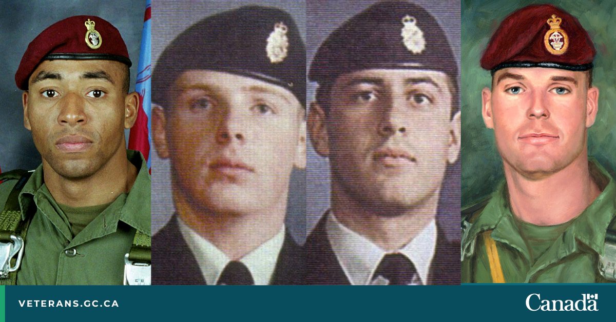 On this day in 2002, the first @CanadianForces members were killed in Afghanistan by “friendly fire”.

Today, we keep Corporal Ainsworth Dyer, Private Richard Green, Sergeant Marc Léger and Private Nathan Smith in our hearts. ❤️

🎨 Portrait: Project Heroes

#CanadaRemembers