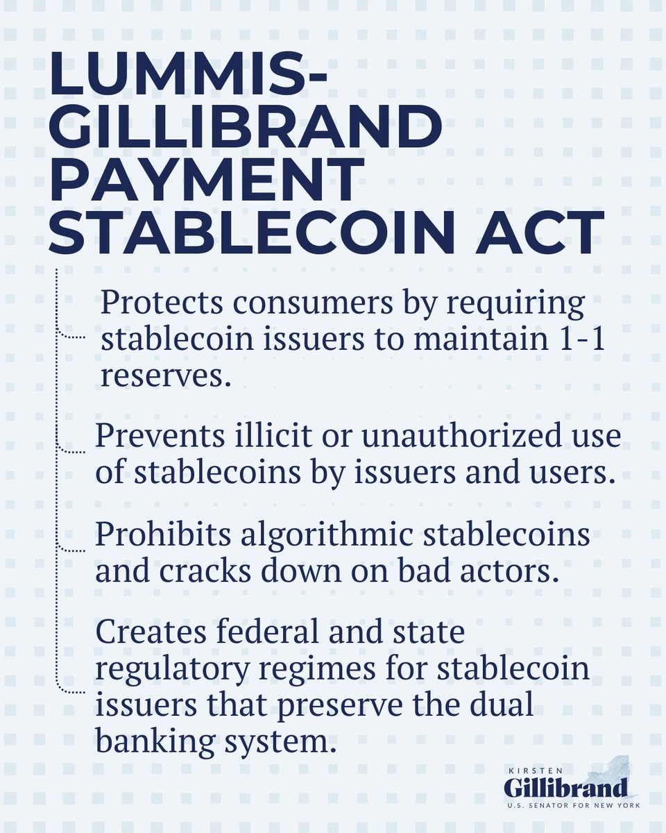 I'm proud to join @SenLummis to introduce the Payment Stablecoin Act. Passing a regulatory framework for stablecoins is critical to protecting consumers, promoting responsible innovation, and cracking down on money laundering and illicit finance. gillibrand.senate.gov/news/press/rel…