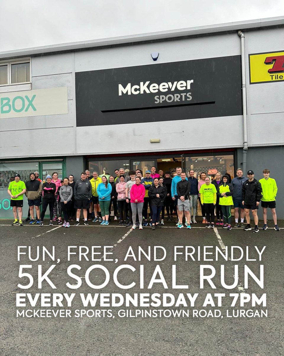 🌟 Ready for a fun and free 5k run? Lace up your shoes and join us tonight at 7pm for our weekly social run! 🏃‍♂️🏃‍♀️ The more the merrier, so grab your friends and meet us at McKeever Sports on Gilpinstown Road in Lurgan. See you there!