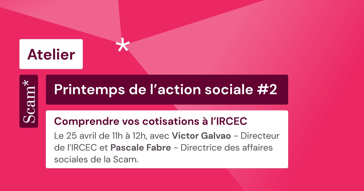 💡 Atelier | Nouveau rendez-vous du Printemps de l'action sociale, pour tout comprendre de vos #cotisations à l'IRCEC.

Avec Victor Galvao - Directeur <a href="/Ircec/">Ircec Raap</a> et Pascale Fabre - Directrice des affaires sociales <a href="/webscam/">La Scam</a>

📅Le 25/04, de 11h à 12h
S'inscrire➡️analytics-eu.clickdimensions.com/scamfr-aiw94/p…