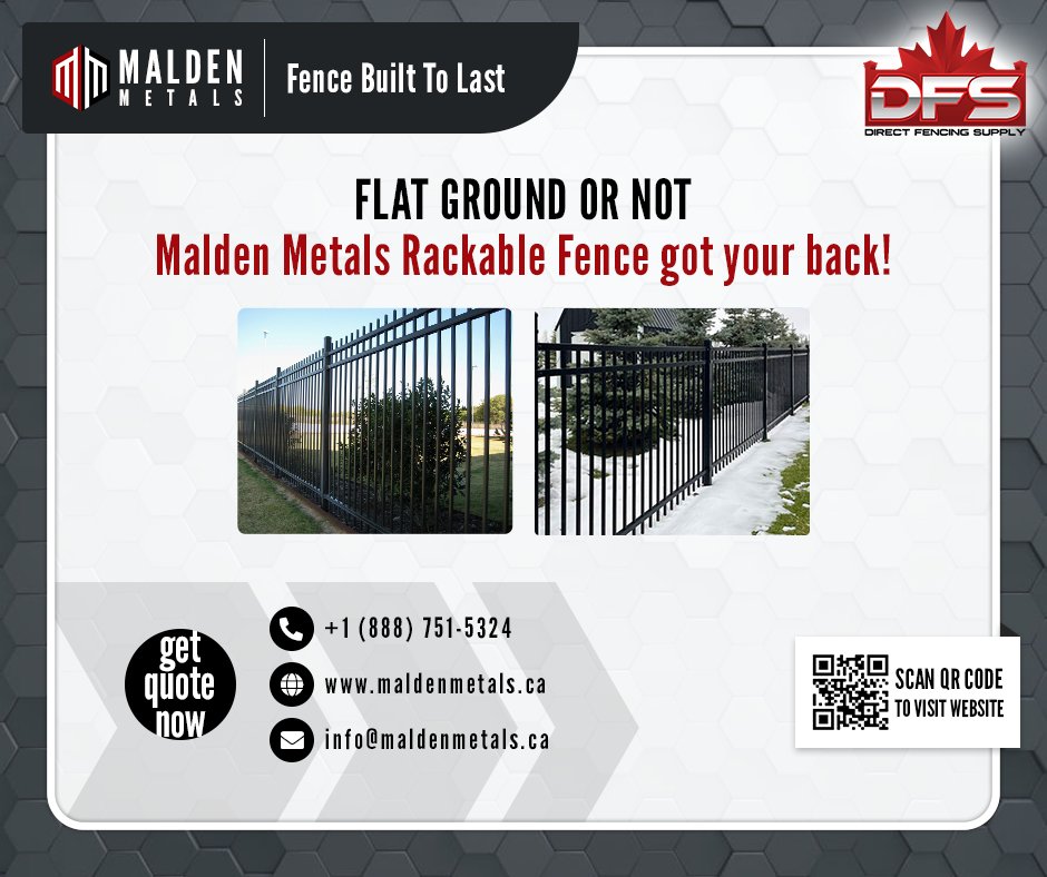 Whether you're installing it on flat ground or elsewhere, Malden Metals Rackable Fence is poised to meet all your fencing requirements with ease.

Get a quote today! For more details, visit maldenmetals.ca.

#OrnamentalFence #MetalFence  #SteelFence