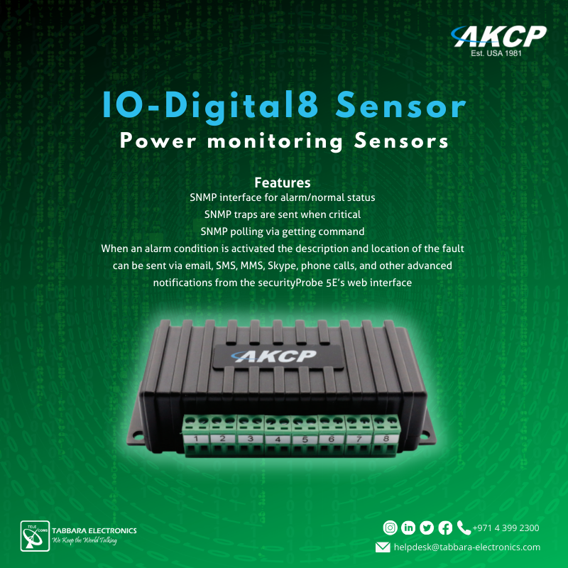 The AKCP IO-Digital8 sensor with 8 ALARM/NORMAL indications in the AKCP securityProbe 5E web interface. Can have 8 dry contacts on one Intelligent Sensor port.

#TabbaraElectronics #AKCP #securitysensor #security #wirelesssensors #abudhabi 
#ملتزمون_ياوطن
#نتصدر_المشهد