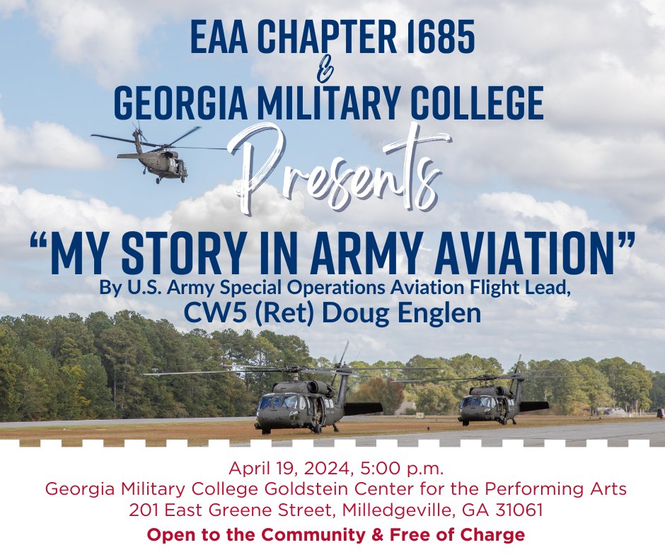 We are honored to host CW5 Englen at GMC in the Goldstein Center of Performing Arts for his presentation, 'My Story in Army Aviation.' CW5 Englen planned and led the air mission for Operation Neptune Spear, the raid on Osama bin Laden's compound in 2011.