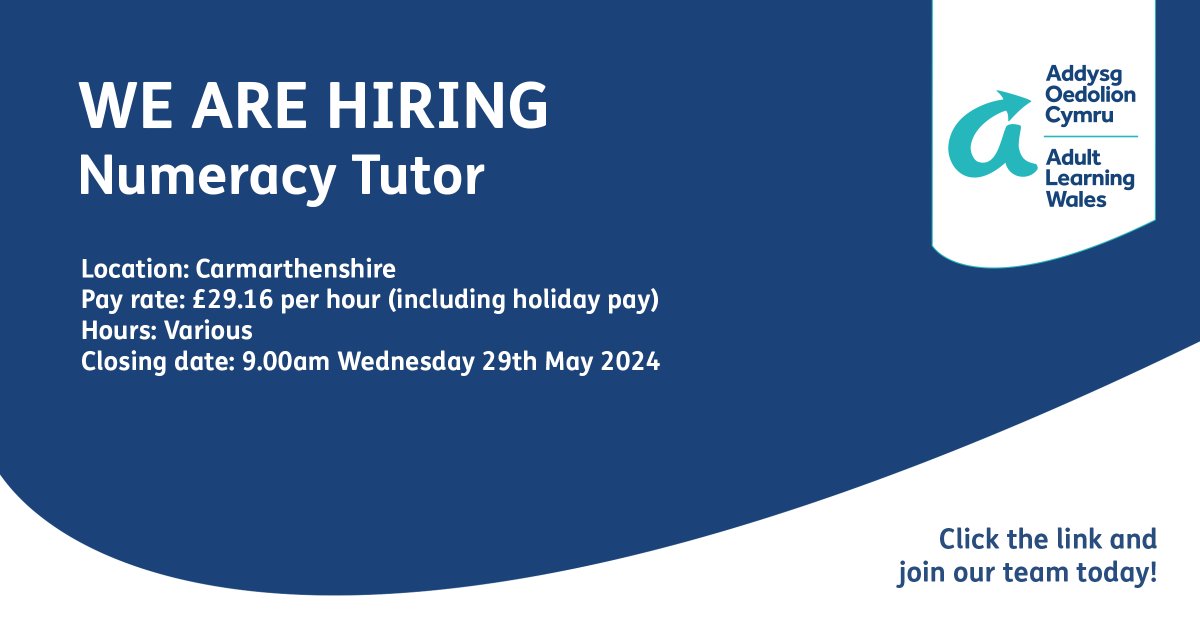We are hiring! adultlearning.wales/en/jobs/

#adultlearningwales #jobs #job #wales #hiring #recruiting #work #carmarthenshire #carmarthen #westwales #tutor #numeracytutor #mathstutor