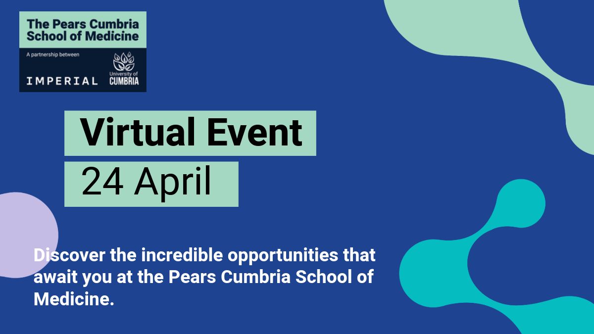 Book your place on our next Virtual Open Day to find out more about studying at the Pears Cumbria School of Medicine, a unique partnership between the @CumbriaUni and @imperialcollege. Register here: buff.ly/4cZR8UM