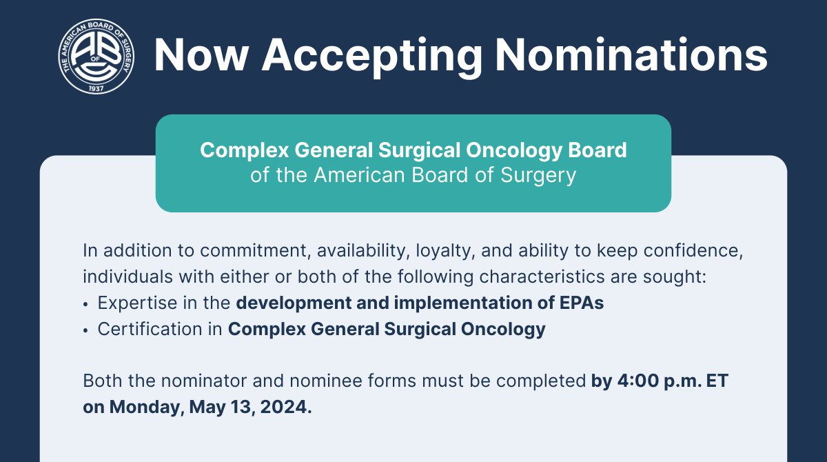 The #CGSO Board of the ABS is seeking director nominees to serve a six-year term beginning in September. Nominees will be accepted from societies, peers, or self-nomination. Please submit the nominator and nominee forms by 4:00 p.m. ET on May 13, 2024 - ow.ly/EfKf50RhFe3