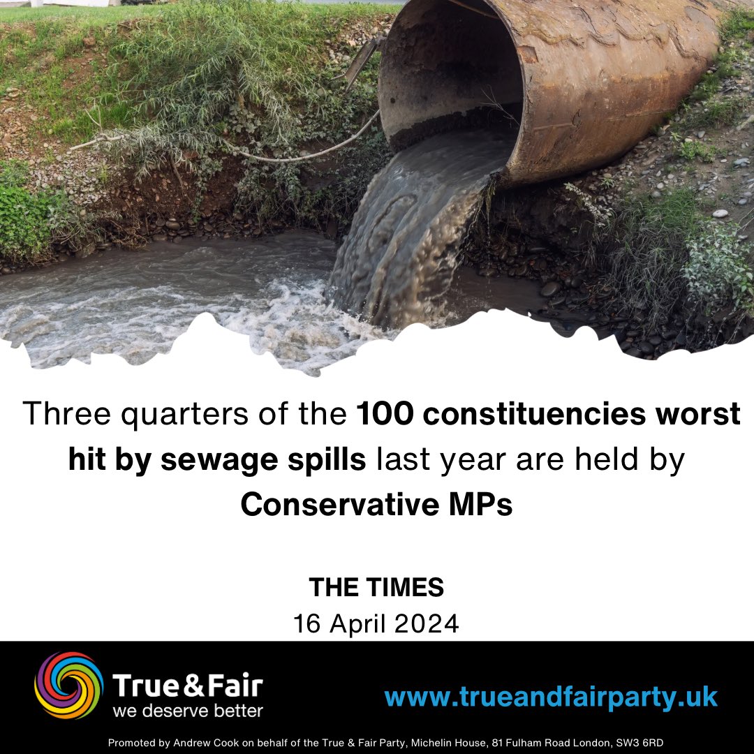 #Tories hold three quarters of worst-hit seats for #sewage spills If Ecocide was in law, water companies would NOT GET AWAY with polluting our waterways! Join us to #StopEcocide: ➡️ trueandfairparty.uk/pre_election_e… #PMQ #PMQs #PrimeMinistersQuestions