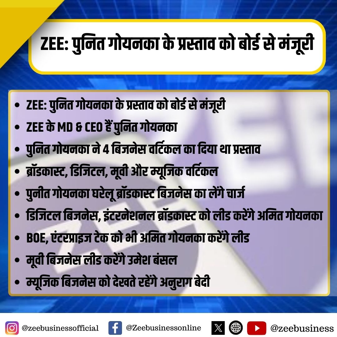 ZEE: पुनित गोयनका के प्रस्ताव को बोर्ड से मंजूरी, पुनित गोयनका ने 4 बिजनेस वर्टिकल का दिया था प्रस्ताव 

#ZEE #PunitGoenka #ZEEBoard