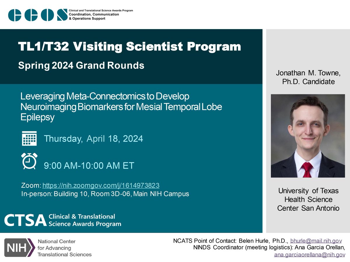 CCOS_CTSA's tweet photo. Drop in tomorrow at 9:00AM ET to hear Jonathan M. Towne present on Leveraging Meta-Connectomics to Develop Neuroimaging Biomarkers for Mesial Temporal Lobe Epilepsy as part of the CTSA TL1 Visiting Scientist Program.

For more information: https://t.co/zSkFCrDkH5

#CTSAProgram https://t.co/mzKdEBKddu