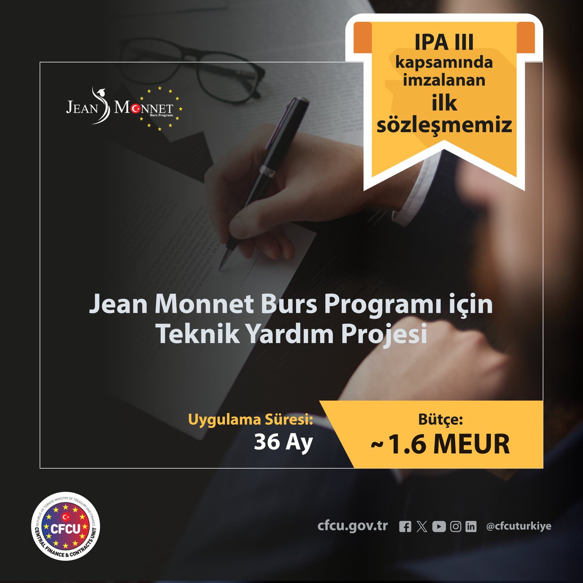We signed our first contract within scope of IPA III period-2022 FA. We wish a successful implementation process for Technical Assistance for the Jean Monnet Scholarship Programme, which has a budget of ~1.6 MEUR and will last for 3 years. @EUDelegationTur @ABBaskanligi