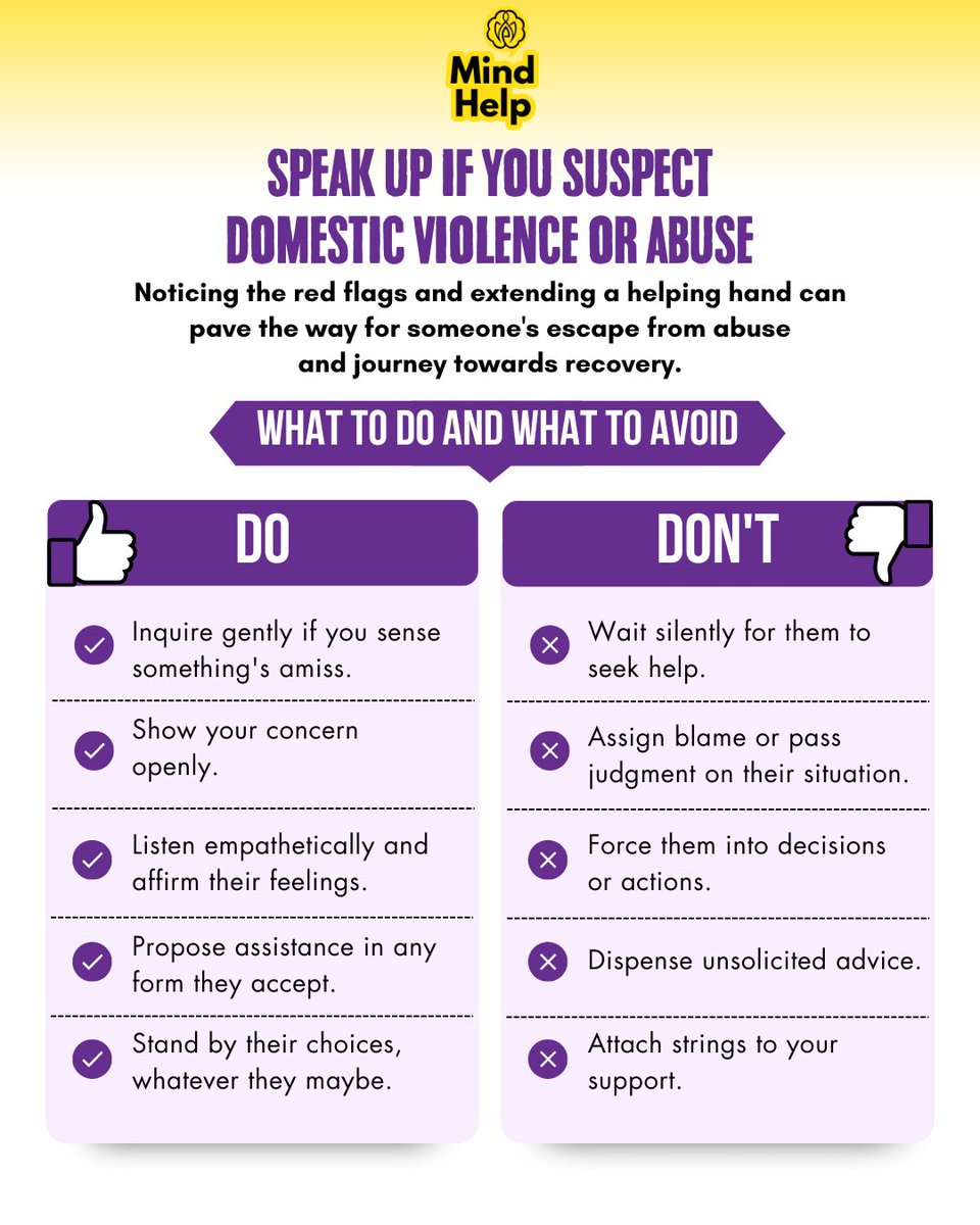 If you witness domestic violence or abuse, do call the authorities and offer support to the victim. Don't confront the abuser yourself. Prioritize safety and seek professional help.  
#StopAbuse #SupportSurvivors #DosAndDonts #domesticviolence #mentalhealth