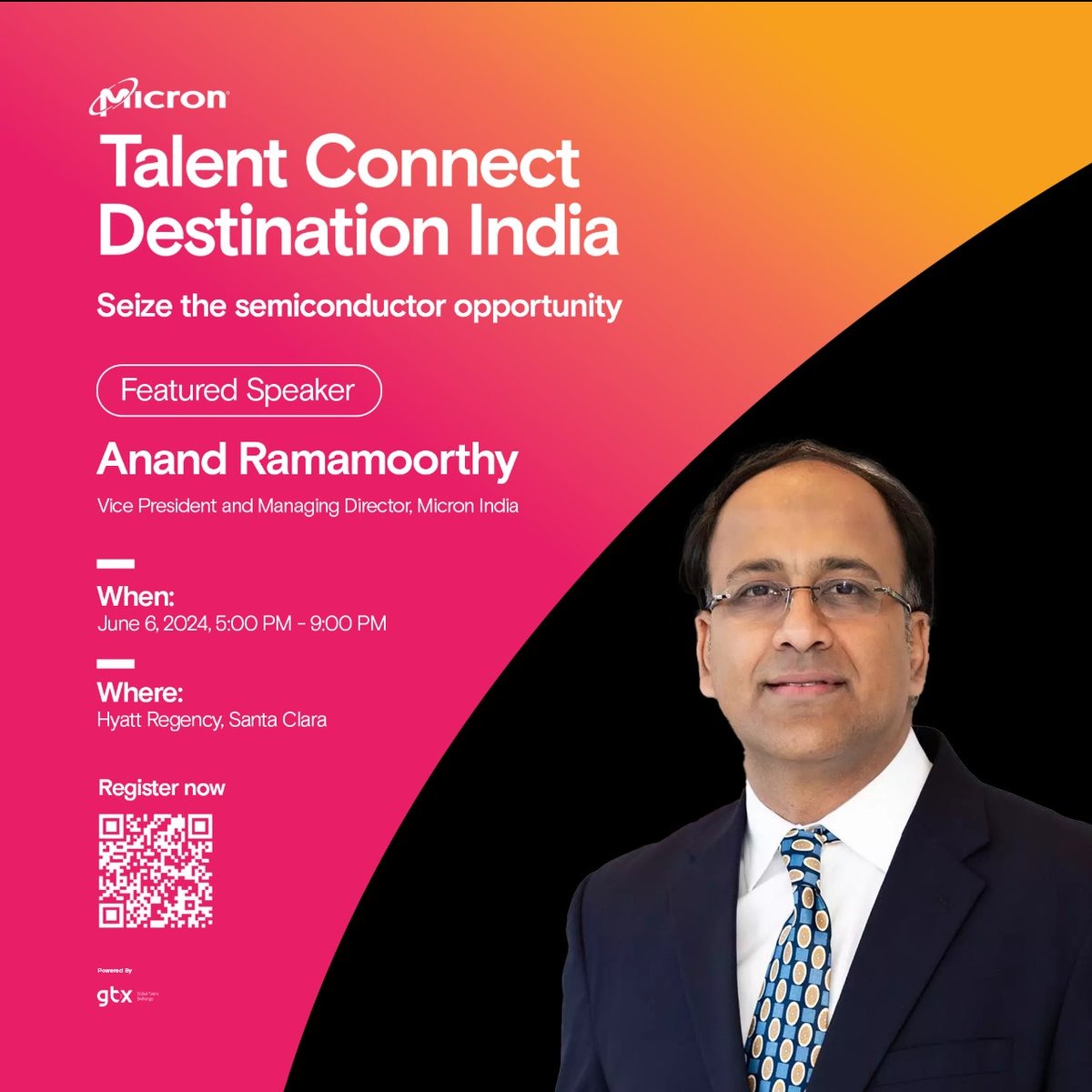 Announcing Anand Ramamoorthy as a featured speaker at ‘Micron Talent Connect - Destination India’ 🙌🏻

Come, engage and learn from his experiences, and gain invaluable insights into what @MicronTech is all about

Don’t miss out

Register now!
microntalentconnect.globaltalex.com