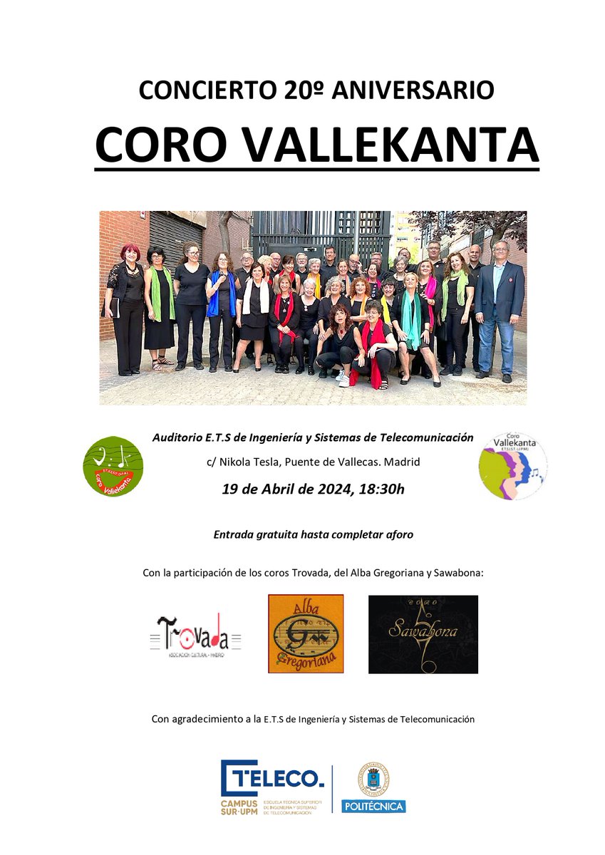20 ANIVERSARIO Coro Vallekanta.
Concierto muy especial para disfrutar de música coral, junto con 3 coros invitados:
fb.me/e/21HU3ZbSz
