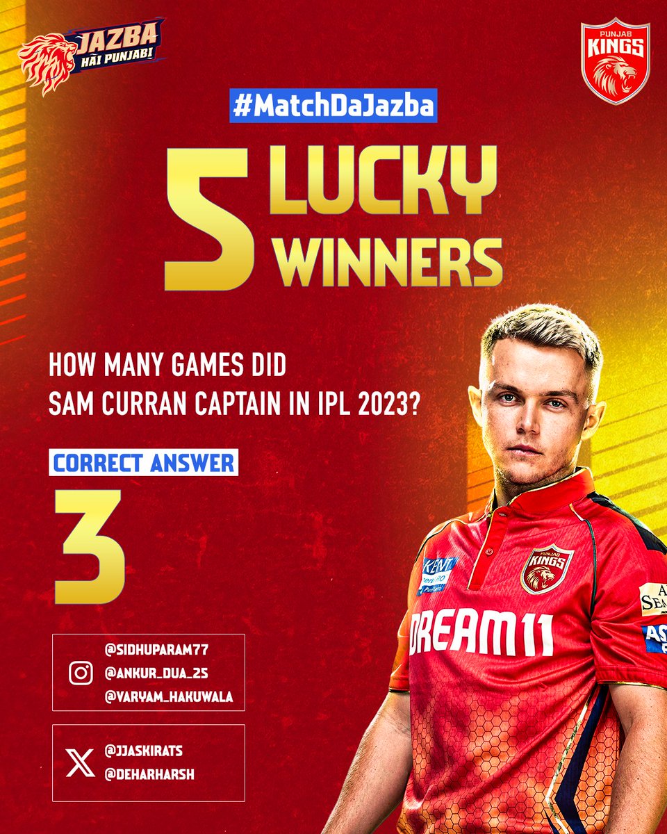 PunjabKingsIPL's tweet photo. A huge congratulations to our 5๏ธโฃ lucky winners for clinching tickets to the #PBKSvMI match! ๐๐๏ธ
Keep an eye out for more exciting contests and keep showing your #MatchDaJazba! ๐ช
#SaddaPunjab #PunjabKings #JazbaHaiPunjabi #TATAIPL2024 #PBKSvMI https://t.co/4HWXcvrb1i