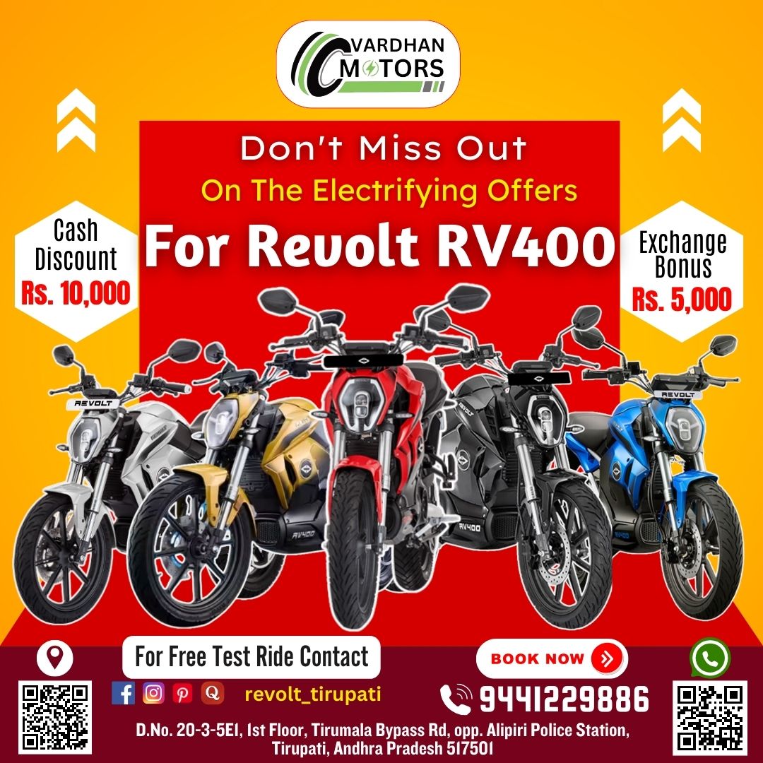 'Don't miss out on the electrifying revolution with Revolt 400 bikes at Vardhan Motors!Visit us today and be a part of the future of mobility with Revolt 400.'

Thank you
Vardhan motors
9441229886

#Revolt400 #ElectrifyingRides #EmissionFree #FutureOfMobility