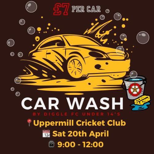A Car wash hosted by Diggle FC under 14’s squad 🚘
Car wash £7
Car wash plus bacon butty &amp; hot drink whilst you wait £10 
Please spread the word 🅿️🚖🧽🫧