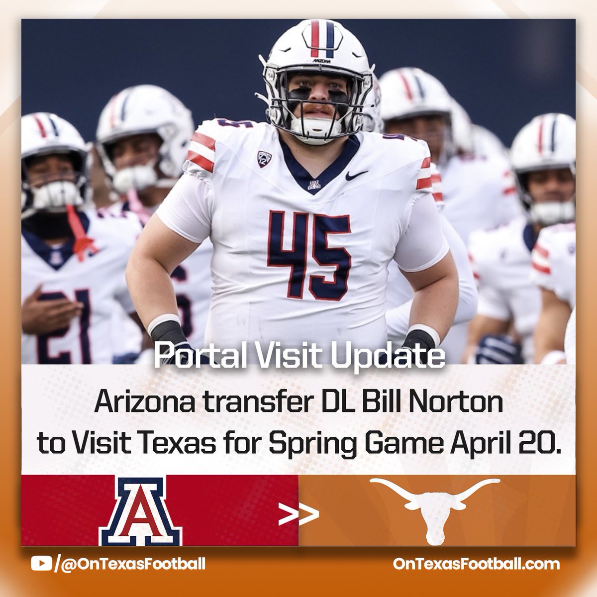 CJVogel_OTF's tweet photo. Arizona transfer DL Bill Norton will visit #Texas for the Orange-White spring game this Saturday.
Norton started 12 games at nose tackle in 2023 for Arizona’s 25th ranked rush defense.
(Story): https://t.co/fXQT8hg0hI https://t.co/7bOr5yI60V