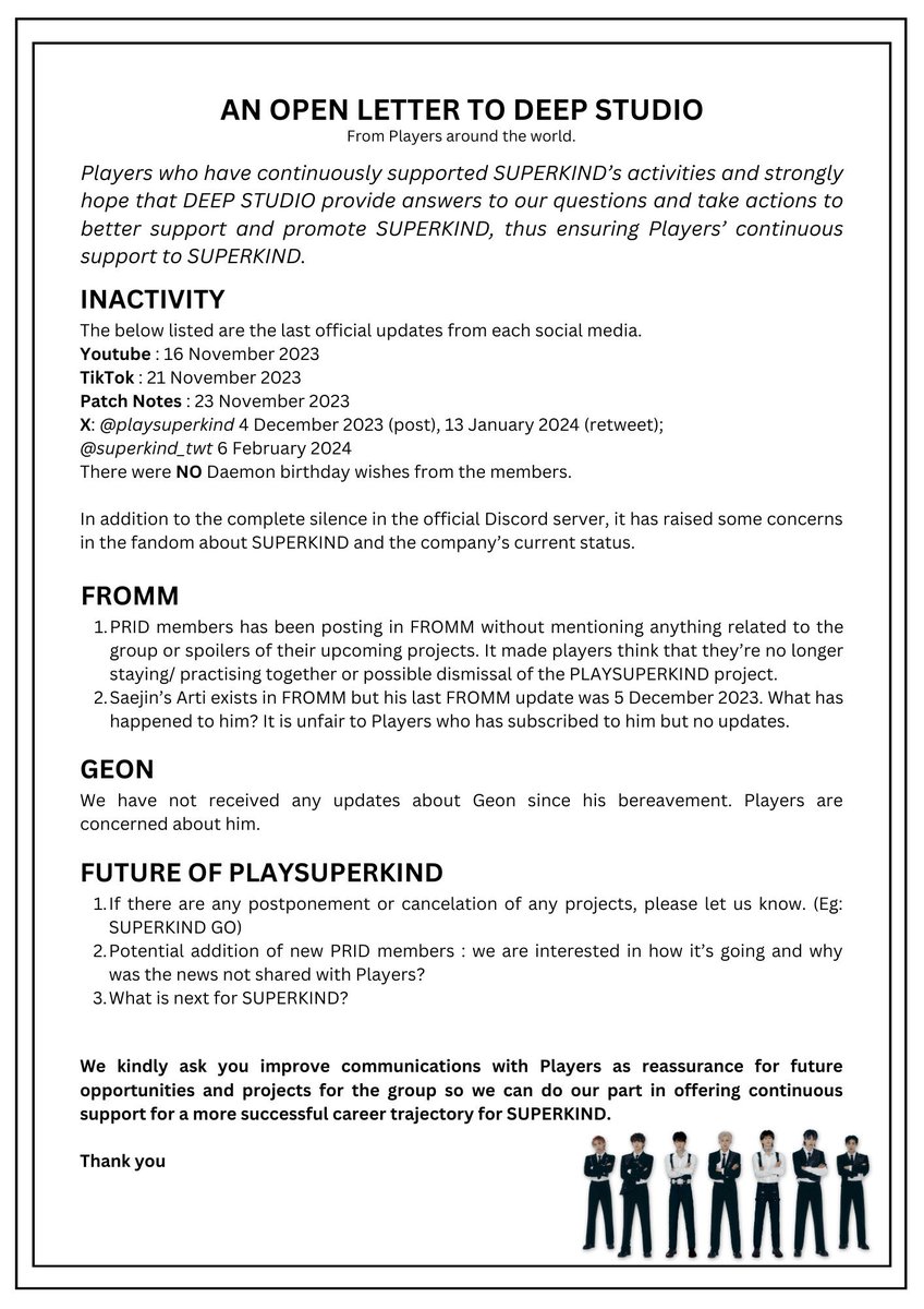 ⚠️⚠️⚠️
Dear Deep Studio,

It's been months since <a href="/PlaySUPERKIND/">PlaySUPERKIND</a> and <a href="/SUPERKIND_twt/">SUPERKIND</a>  last updated. We, the Players, are concerned and wish to get some answers. So here is an open letter for you.

With !SUPER! hope, 
Legendria

#playsuperkind
#슈퍼카인드 #superkind