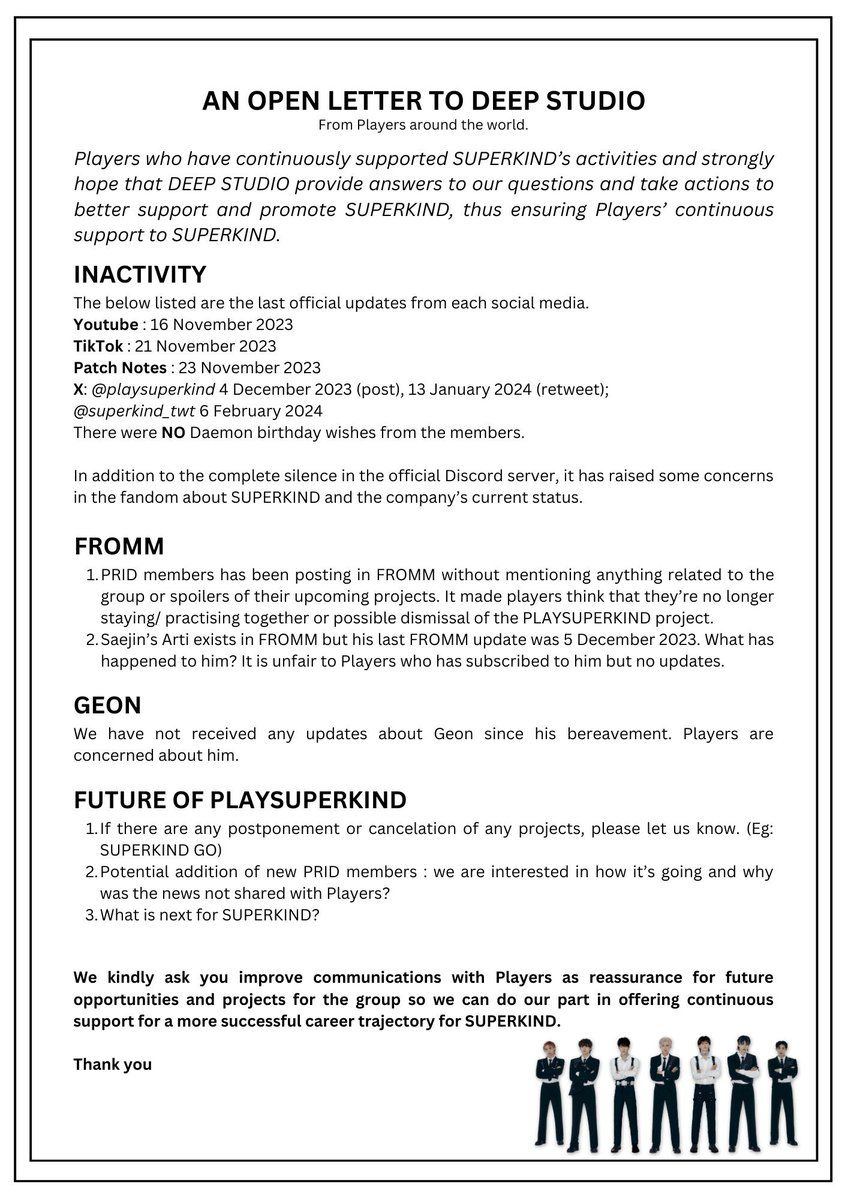 ⚠️⚠️⚠️ Dear Deep Studio, It's been months since @PlaySUPERKIND and @SUPERKIND_twt last updated. We, the Players, are concerned and wish to get some answers. So here is an open letter for you. With !SUPER! hope, Legendria #playsuperkind #슈퍼카인드 #superkind